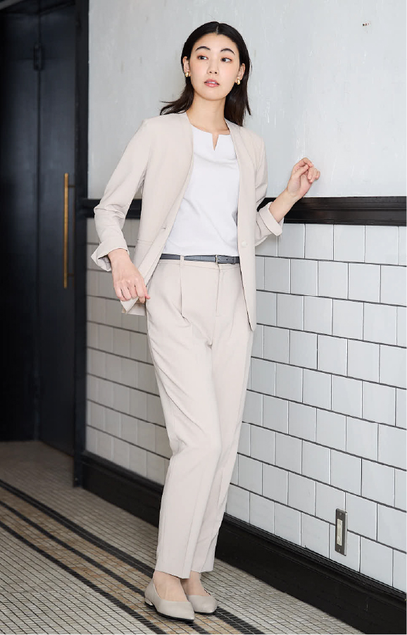 キャリーマンストレッチノーカラージャケット テーパードパンツ シルケットポンチフロントVデザインTシャツ