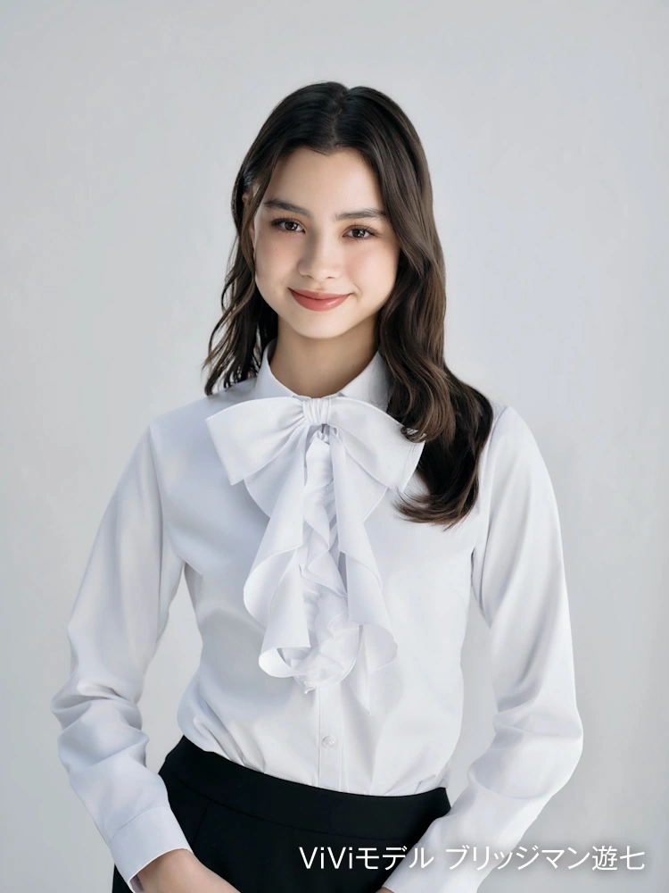 【4WAYフリル＆リボン付】長袖ブラウススキッパー形態安定透けにくい織柄無地ViVi通年【レディース】