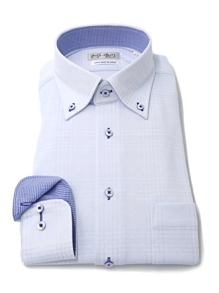 【完全ノーアイロン】長袖アイシャツボタンダウン【ジャガードシリーズ】グレンチェック調ワイシャツi-shirt通年