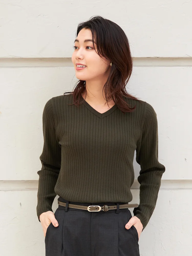 【アンチピリング＆静電気対策】ニット長袖Ｖネックワイドリブウォッシャブル無地SOFFICE秋冬【レディース】