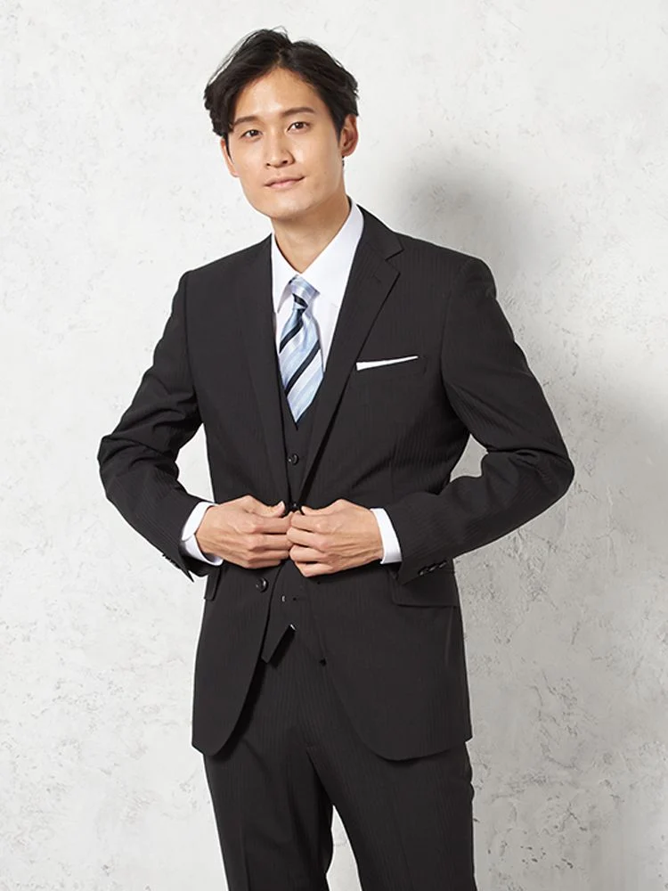 【ウォッシャブル】スリーピーススーツ2つボタンウール混ノータック織柄無地nero