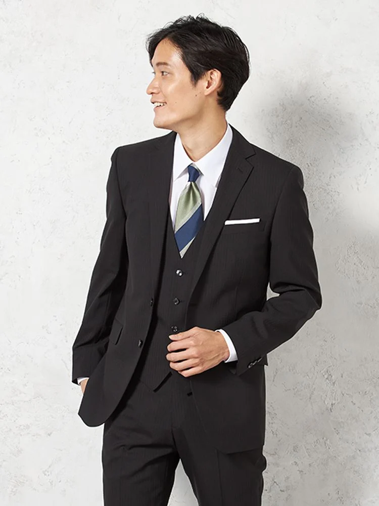 【ウォッシャブル】スリーピーススーツ2つボタンウール混ノータックシャドウストライプnero