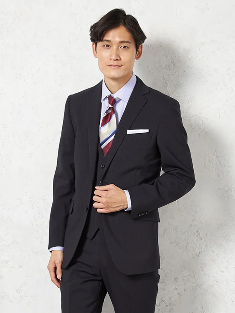 【ウォッシャブル】スリーピーススーツ2つボタンウール混ノータックシャドウストライプnero