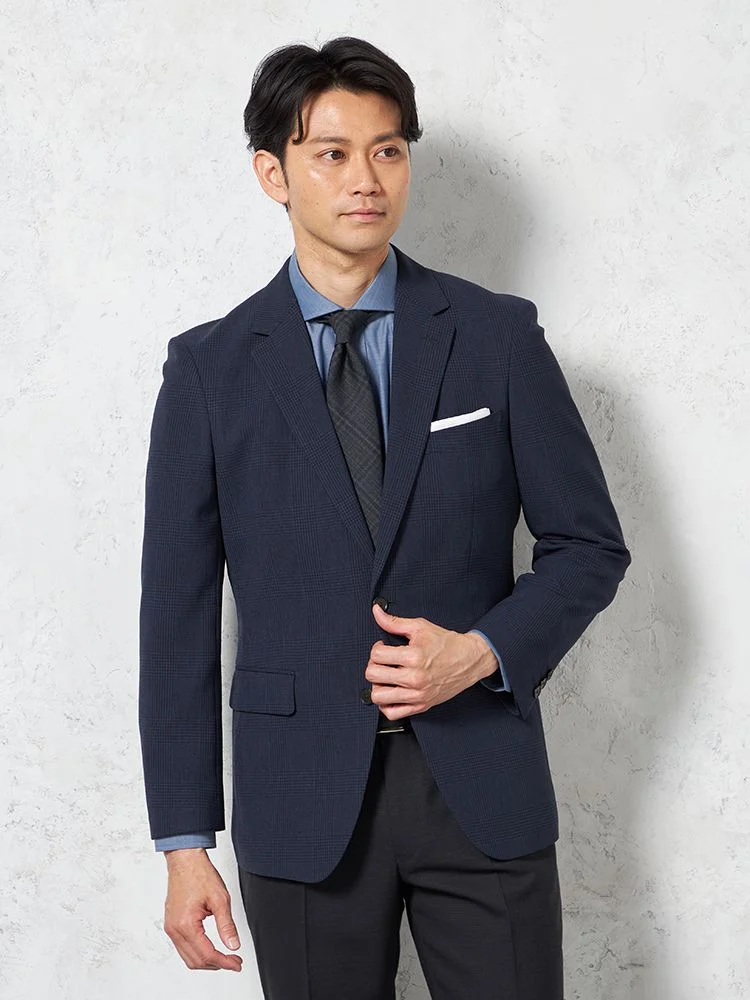 【ウォッシャブル】ジャケット2つボタンストレッチネイビーチェックリッケンバッカー春夏