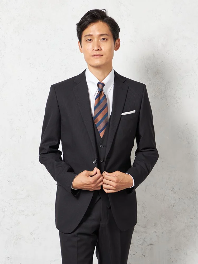 【上下ウォッシャブル】スリーピーススーツ2つボタンスリムシルエットブラックシャドウストライプnero通年