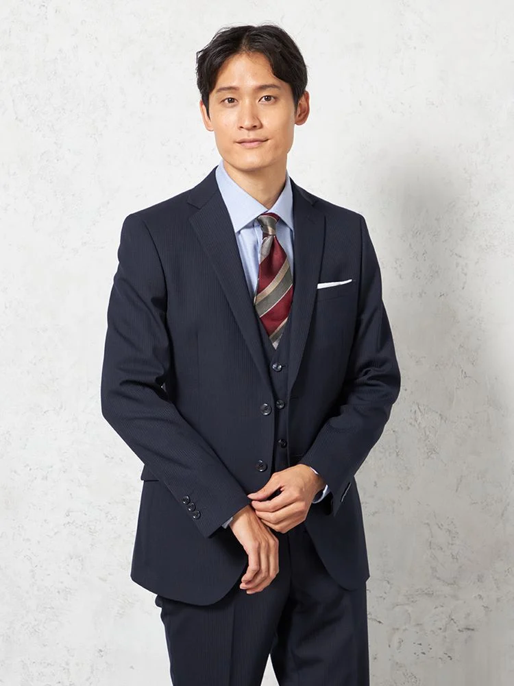 【上下ウォッシャブル】スリーピーススーツ2つボタンスリムシルエットネイビーシャドウストライプnero通年