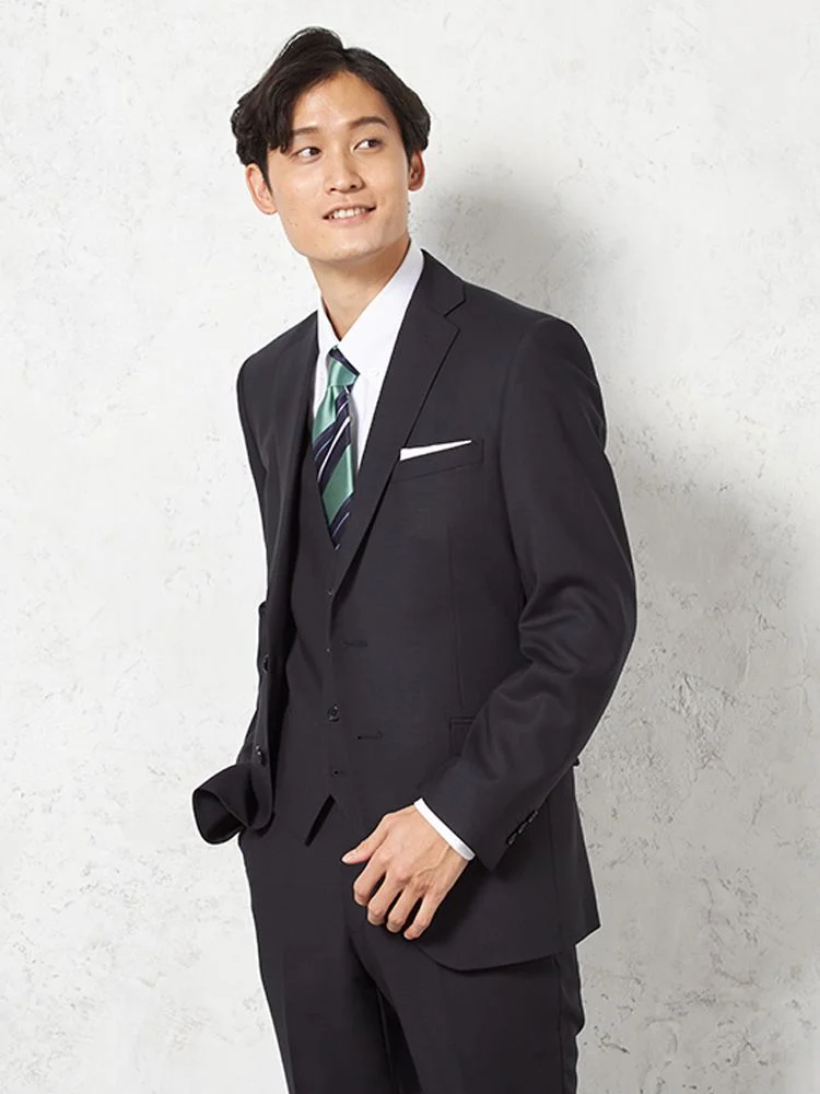 【ウール100％】スリーピーススーツ2つボタンスリムシルエットノータック織柄無地nero