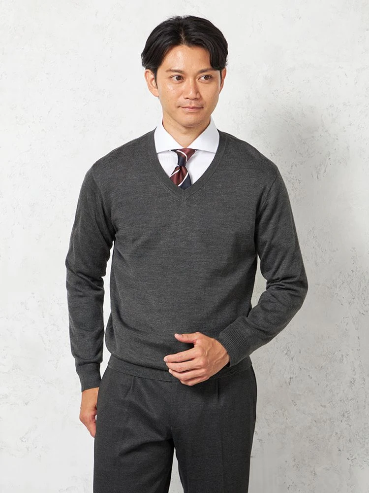 【ウォッシャブル】ニットＶネックセーター放電抗ピリング無地天竺長袖リッケンバッカー秋冬