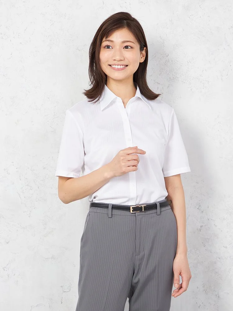 【完全ノーアイロン】i-shirtバイオセンサー半袖ブラウススキッパー白シャドウストライプアイシャツ春夏【レディース】