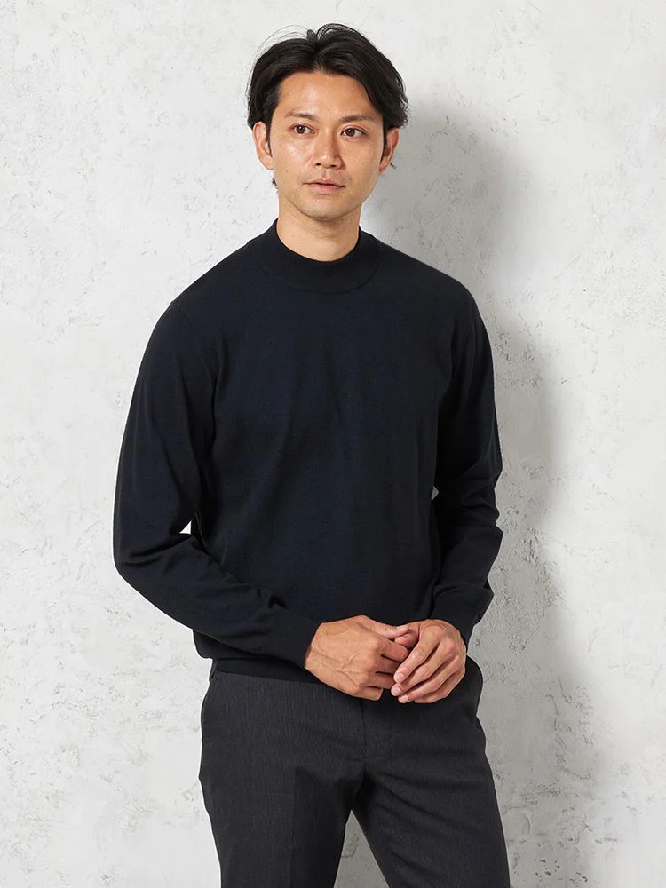 【ウォッシャブル】長袖ニットファイブミックスモックネックカジュアルインナー無地リッケンバッカーブラック秋冬