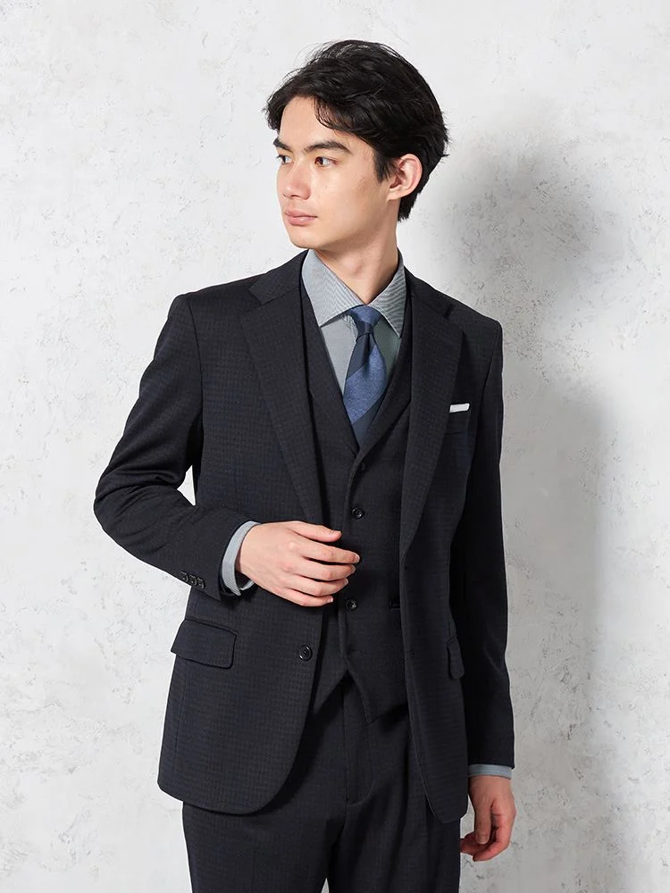 【上下ウォッシャブル】スリーピーススーツ2つボタンニット素材ストレッチチェックリッケンバッカー【i-Suit-アイスーツ-】秋冬