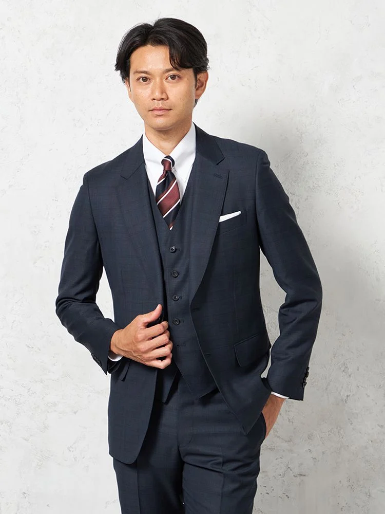 【ウール100%】スリーピーススーツ2つボタン【REDA】イタリアインポート素材ウインドペンリッケンバッカー秋冬