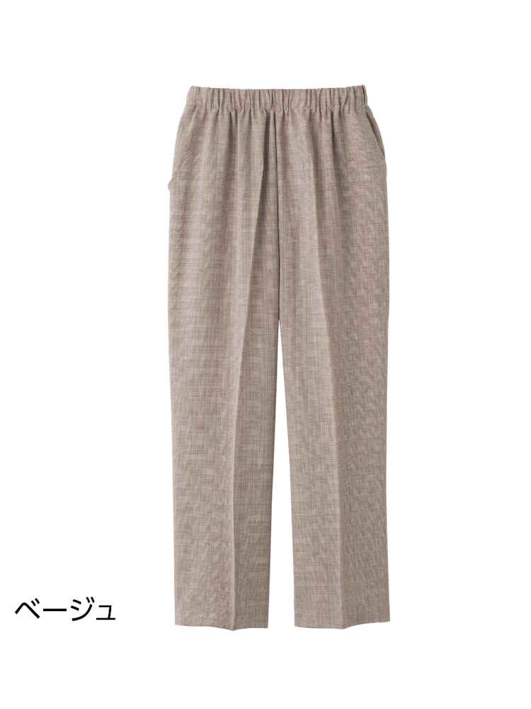 【股下55cm】【ウエストゴム】麻混格子フリーパンツ／レディース／婦人用／シニア／高齢者／名前記入欄付／両脇ポケット／M,L,LL,3L【CF】