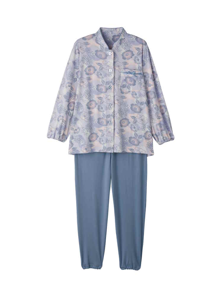 【年間素材】【前開き】ワンタッチのびのびストレッチパジャマ４／婦人用／レディース／高齢者／シニア／名前記入欄付／後ろ長め／脱ぎ着しやすい／手口・足口ゴム【CF】