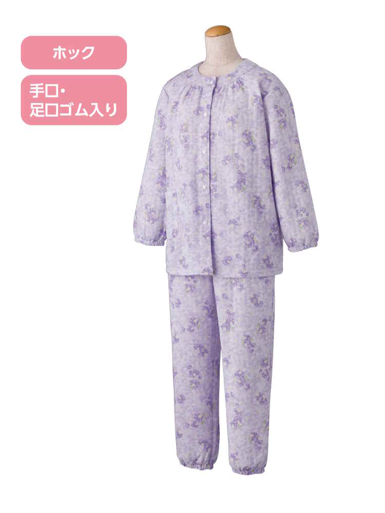 【前開き】【秋冬】ホックキルトパジャマ／婦人用／レディース／高齢者／シニア／手口足口ゴム入り／ホックボタン／ギフト／プレゼント【CF】
