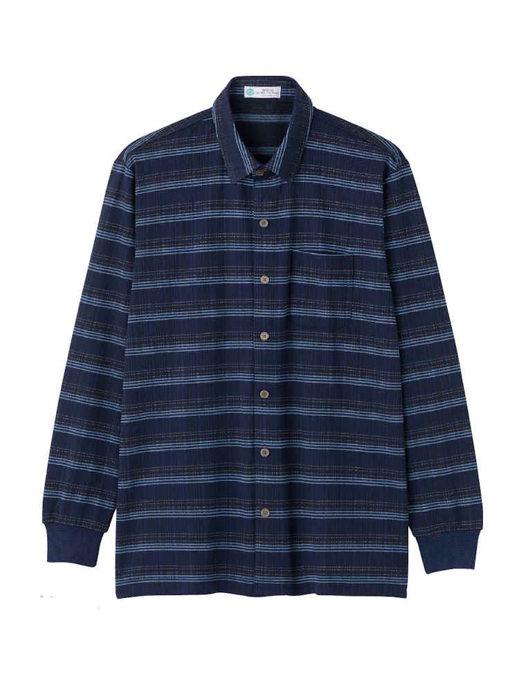 【前開き】【秋冬】裏起毛ワンタッチテープニットシャツ／紳士用／メンズ／高齢者／シニア／名前記入欄付／胸ポケット付／洗濯機OK／自宅で洗える／ギフト／プレゼント【CF】