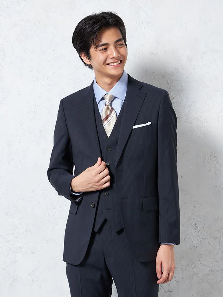 【ウール100%】スリーピーススーツ 2つボタン アンジェリコ ストライプ S＆M BLUE LABEL